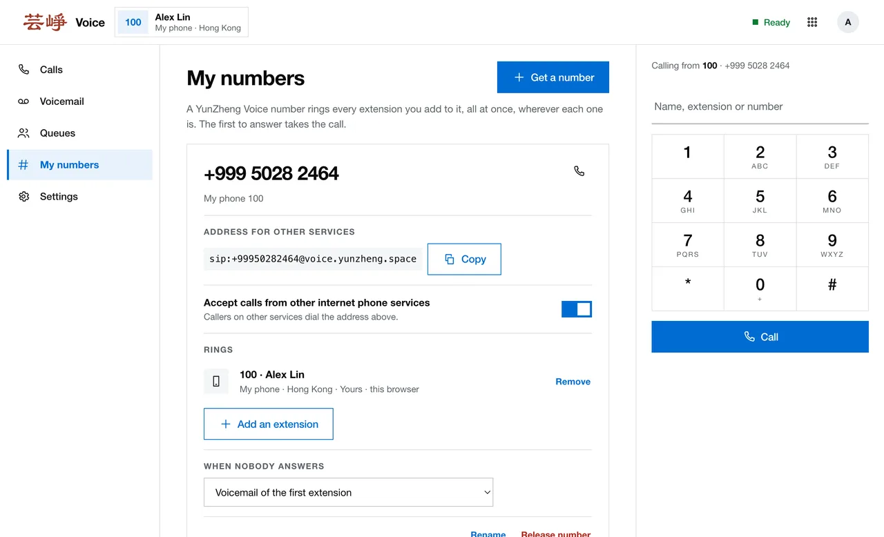 My numbers showing a +999 number, its address for other services and the extension it rings